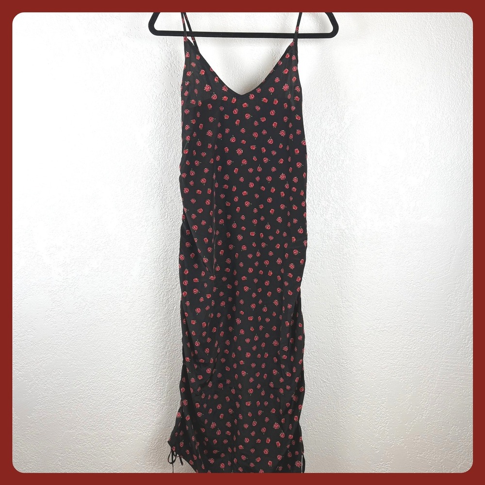 Urban Outfitters Black Red Rose Y2K Slip Midi‎ Dress Ruched Drawstring XS